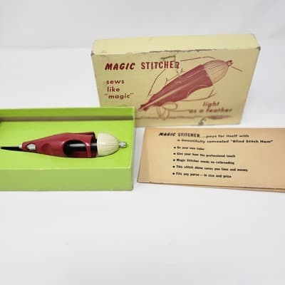 MAGIC STITCHER Handheld Sewing Tool Vintage Red Blind Hem Stitch Kit Made In USA - Image 1
