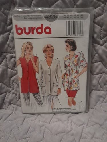 Burda 4328 Vneck Top Blouse Vest Short Long Sleeve Sleeveless Pattern Sz 10 - 20 - Image 1