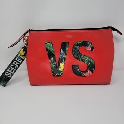 VICTORIA'S SECRET Makeup Bag Womens Red VS Logo Floral Wristlet 12x8 - Image 1