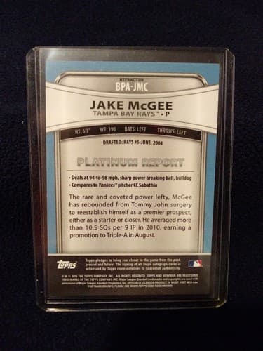 2010 Bowman Platinum # BPA-JMC Jake McGee Refractor Auto Rays Rockies Certified - Thumbnail 3
