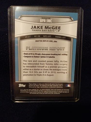 2010 Bowman Platinum # BPA-JMC Jake McGee Refractor Auto Rays Rockies Certified - Thumbnail 4
