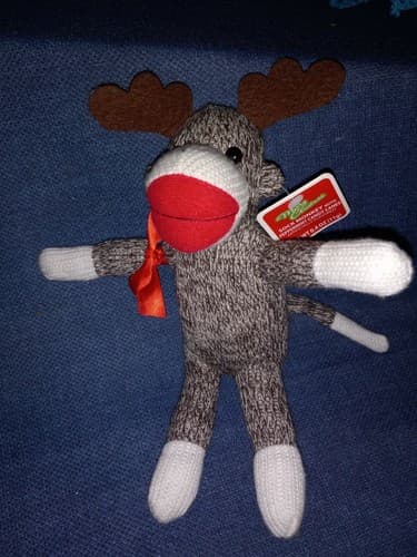 Sock Monkey Plush 11" With Reindeer Antlers Galerie Christmas NWT - Thumbnail 3