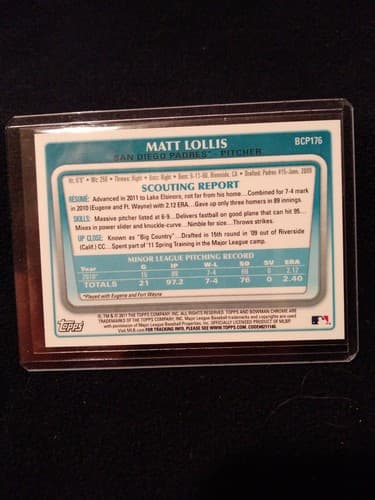 2011 1st Bowman Chrome Matt Lollis Auto BCP176 Autograph San Diego Padres Topps - Thumbnail 2