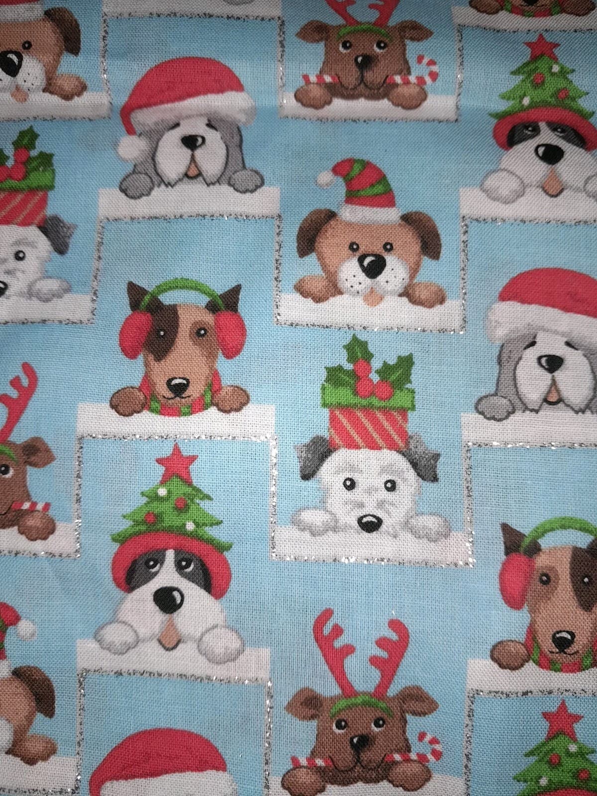 1 Yard Fabric Blue w Dogs In Christmas Themed Hats Santa, Reindeer Present Trees - Thumbnail 3