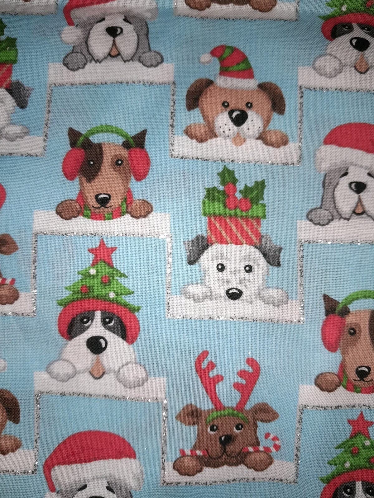 1 Yard Fabric Blue w Dogs In Christmas Themed Hats Santa, Reindeer Present Trees - Thumbnail 2