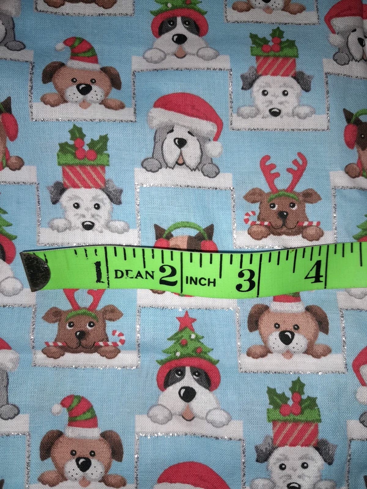 1 Yard Fabric Blue w Dogs In Christmas Themed Hats Santa, Reindeer Present Trees - Image 1