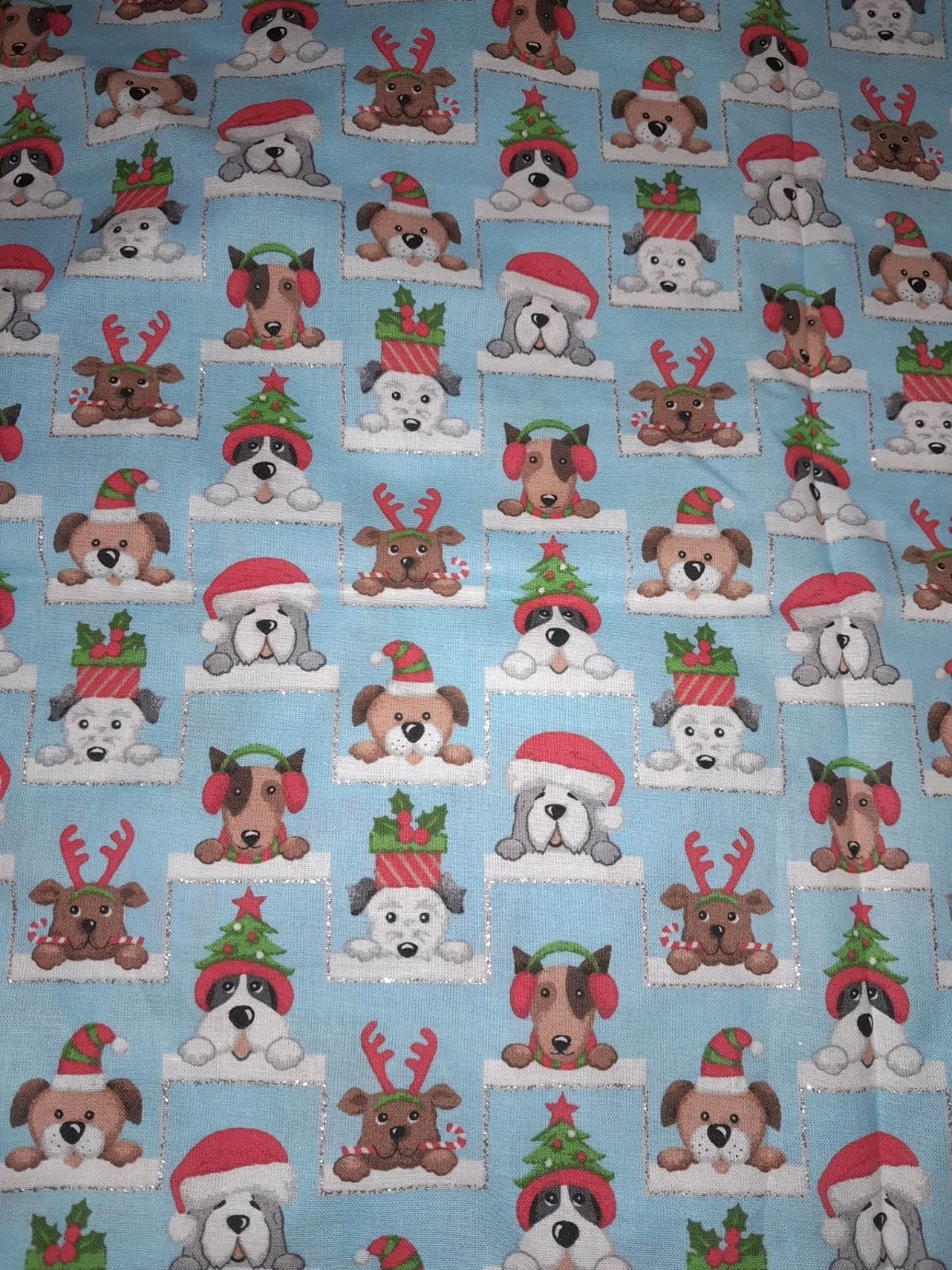 1 Yard Fabric Blue w Dogs In Christmas Themed Hats Santa, Reindeer Present Trees - Thumbnail 4