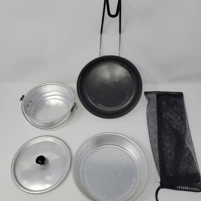 Camping Cookware Set Portable Aluminum Mess Kit Pan Pot Lid 7in w Bag 6 pcs - Image 1