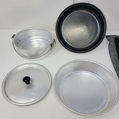 Camping Cookware Set Portable Aluminum Mess Kit Pan Pot Lid 7in w Bag 6 pcs - Thumbnail 2