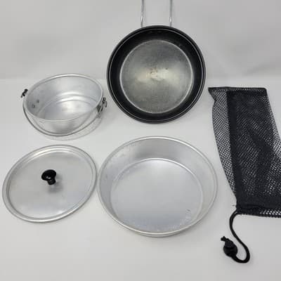 Camping Cookware Set Portable Aluminum Mess Kit Pan Pot Lid 7in w Bag 6 pcs - Thumbnail 3