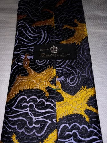Necktie Pterodactyl Suavair L 55.5" X W 4.50" Black and Gold Tie Vintage - Thumbnail 3