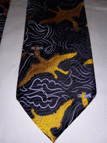 Necktie Pterodactyl Suavair L 55.5" X W 4.50" Black and Gold Tie Vintage - Image 1