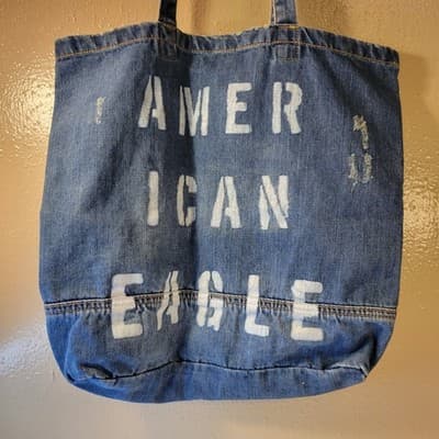 American Eagle Denim Tote Bag Distressed Casual Retro Blue Collegiate - Thumbnail 7
