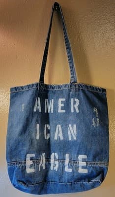 American Eagle Denim Tote Bag Distressed Casual Retro Blue Collegiate - Thumbnail 6