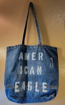 American Eagle Denim Tote Bag Distressed Casual Retro Blue Collegiate - Thumbnail 5