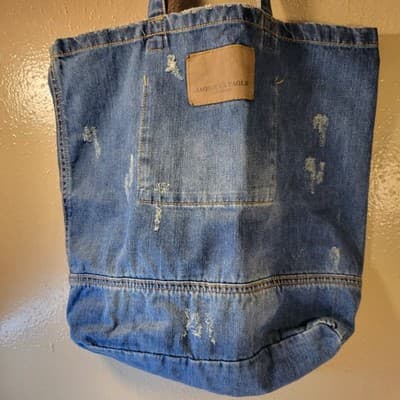 American Eagle Denim Tote Bag Distressed Casual Retro Blue Collegiate - Thumbnail 3