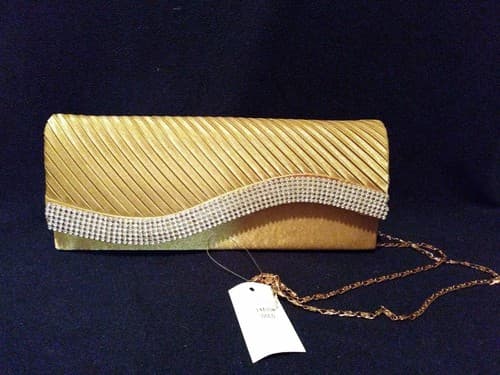 Rhinestone Accent Satin Pleated Clutch Purse Beige Tan Gold 10" × 4" Elegant New - Image 1