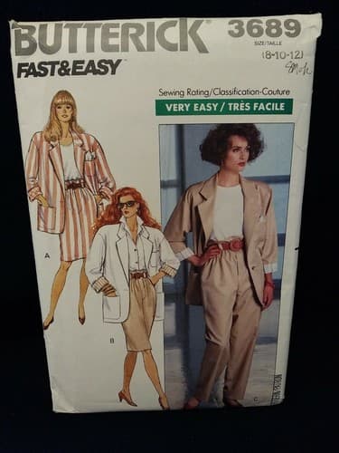 BUTTERICK 3689 Very Easy JACKET SKIRT PANTS Totally 80's Sz 8 10 12 Pattern UC - Image 1