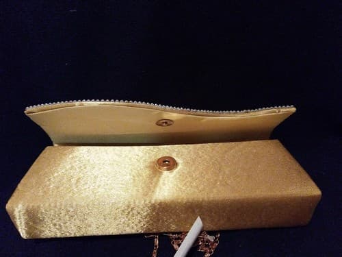 Rhinestone Accent Satin Pleated Clutch Purse Beige Tan Gold 10" × 4" Elegant New - Thumbnail 4