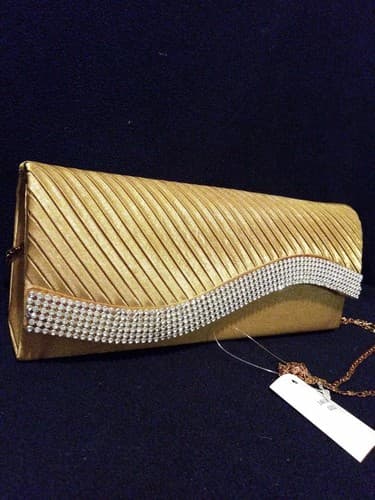 Rhinestone Accent Satin Pleated Clutch Purse Beige Tan Gold 10" × 4" Elegant New - Thumbnail 2