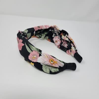 Womens Knot Headband Black Floral Wide Fabric Hairband Boho Style - Image 1