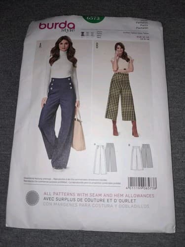 Burda Style 6573 sewing pattern - sailor wide leg Pants new EU 32-44 US 6-18 HTF - Image 1