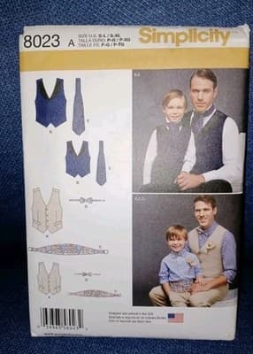 Simplicity 8023 Sewing Pattern Men & Boys Vest Tie Bow Tie Sizes S–XL Uncut - Image 1