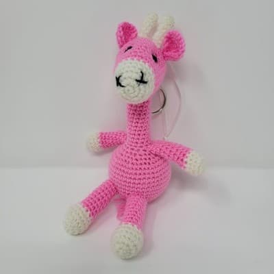 Handmade Pink Giraffe Crochet Plush Keychain Backpack Charm 6in Cute - Thumbnail 2