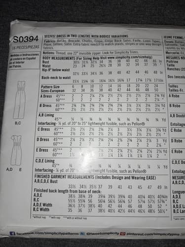 Simplicity S0394 0394 Wedding Dress 2 Lengths Bodice Variations Pattern 18-24 UC - Thumbnail 4