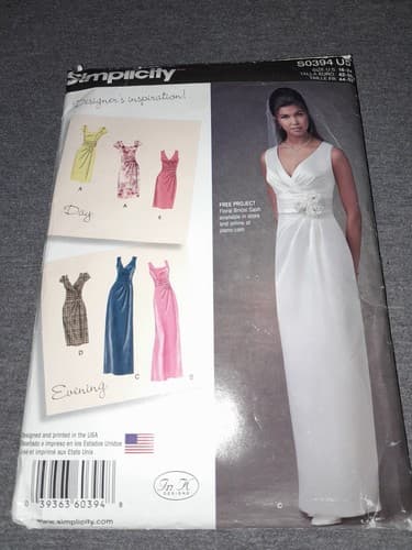 Simplicity S0394 0394 Wedding Dress 2 Lengths Bodice Variations Pattern 18-24 UC - Image 1
