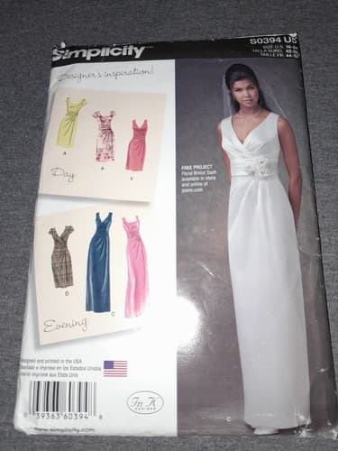 Simplicity S0394 0394 Wedding Dress 2 Lengths Bodice Variations Pattern 18-24 UC - Thumbnail 2