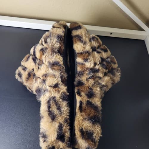 Rouge Helium Slippers Faux Fur Leopard Print SlipOn Elastic Back Size 8 Brown Ne - Thumbnail 5