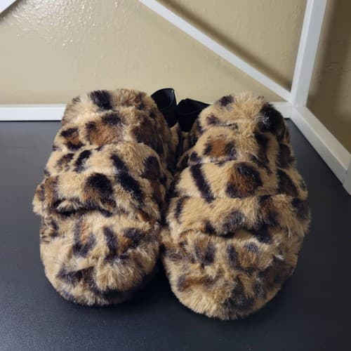 Rouge Helium Slippers Faux Fur Leopard Print SlipOn Elastic Back Size 8 Brown Ne - Thumbnail 6