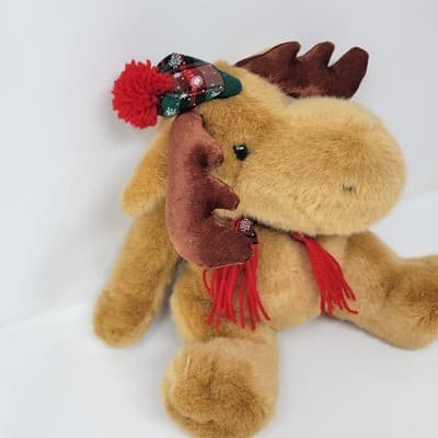 DANDEE Christmas Moose Plush Brown Reindeer Tartan Hat Scarf 10in Sitting - Thumbnail 5