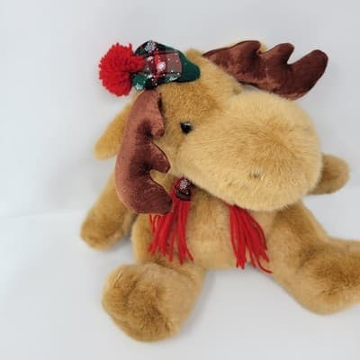 DANDEE Christmas Moose Plush Brown Reindeer Tartan Hat Scarf 10in Sitting - Thumbnail 4