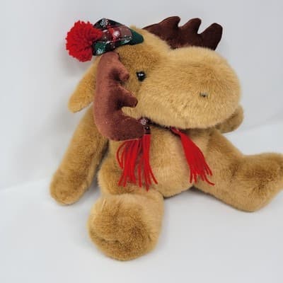 DANDEE Christmas Moose Plush Brown Reindeer Tartan Hat Scarf 10in Sitting - Thumbnail 6