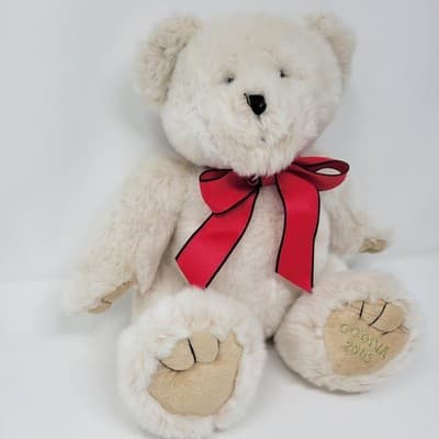 GODIVA Teddy Bear Plush 2005 Cream Red Ribbon 10in Sitting Stuffed Animal RARE - Thumbnail 4