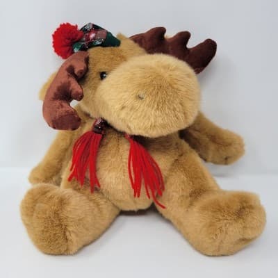 DANDEE Christmas Moose Plush Brown Reindeer Tartan Hat Scarf 10in Sitting - Image 1
