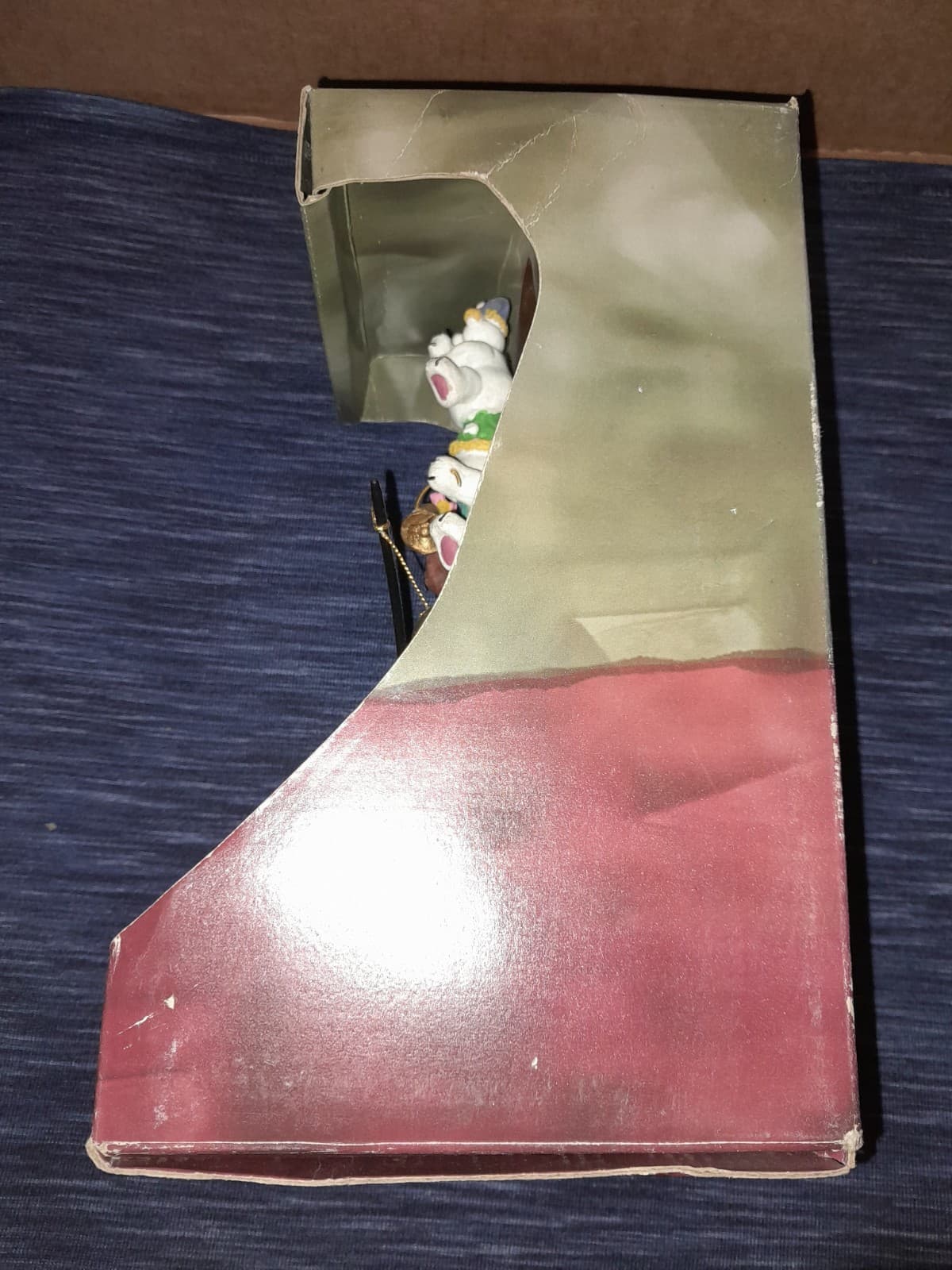 Vtg 3 Stacked Polar Bears Fishing w Bells 9" Christmas Stocking Holder Dept 18 - Thumbnail 5