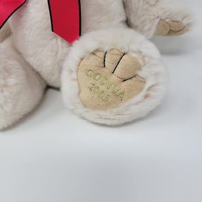 GODIVA Teddy Bear Plush 2005 Cream Red Ribbon 10in Sitting Stuffed Animal RARE - Thumbnail 5