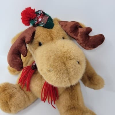 DANDEE Christmas Moose Plush Brown Reindeer Tartan Hat Scarf 10in Sitting - Thumbnail 2