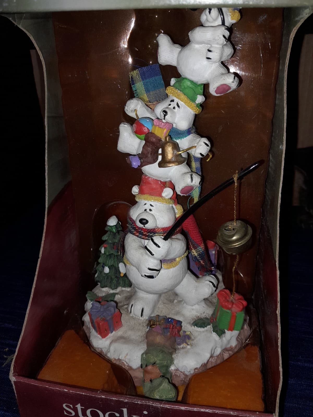 Vtg 3 Stacked Polar Bears Fishing w Bells 9" Christmas Stocking Holder Dept 18 - Image 1