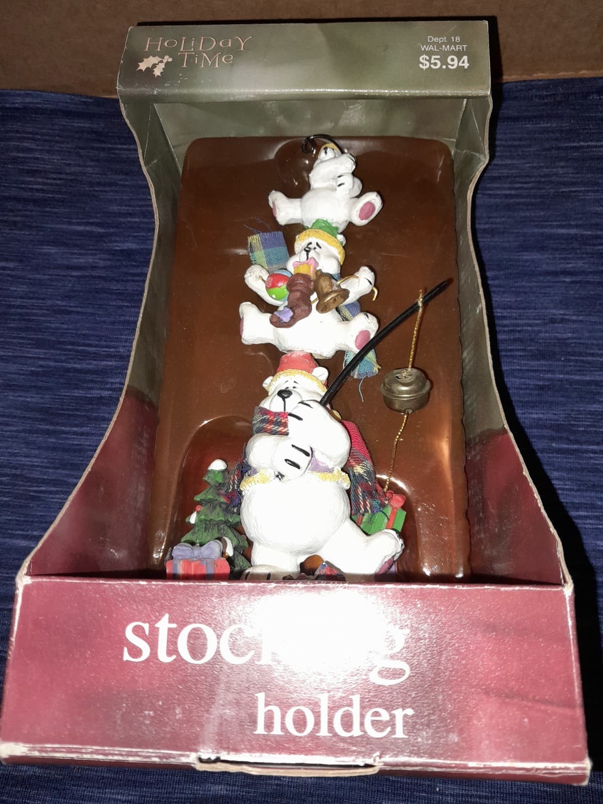 Vtg 3 Stacked Polar Bears Fishing w Bells 9" Christmas Stocking Holder Dept 18 - Thumbnail 4