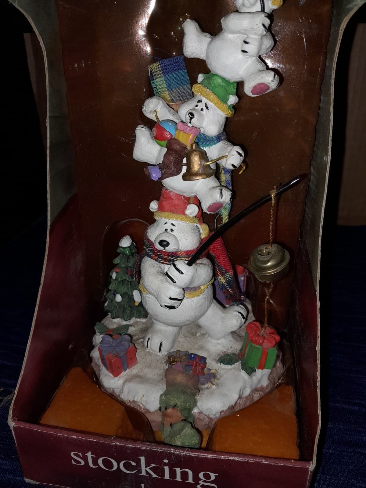 Vtg 3 Stacked Polar Bears Fishing w Bells 9" Christmas Stocking Holder Dept 18 - Thumbnail 2