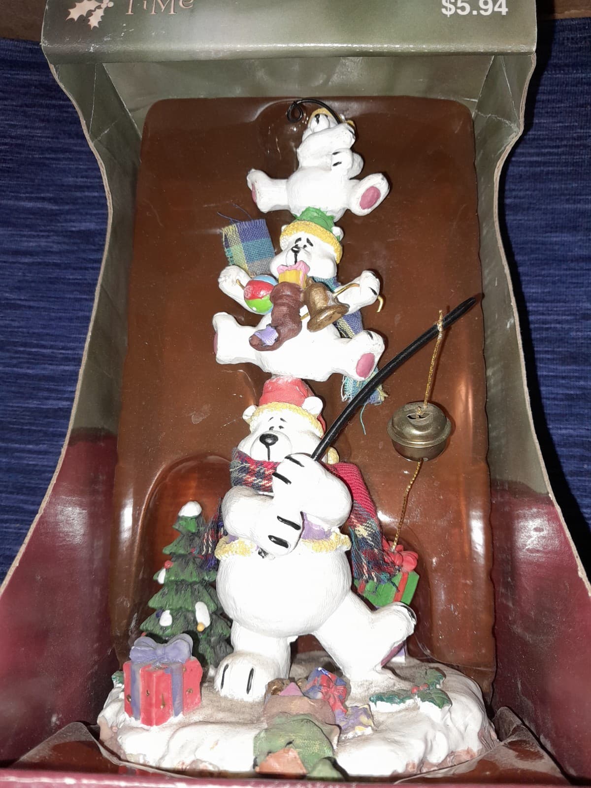 Vtg 3 Stacked Polar Bears Fishing w Bells 9" Christmas Stocking Holder Dept 18 - Thumbnail 3