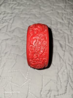 Vtg Faux Red Cinnabar Wide Carved Asian Themed Bangle Bracelet 1 1/4" - Image 1