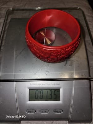 Vtg Faux Red Cinnabar Wide Carved Asian Themed Bangle Bracelet 1 1/4" - Thumbnail 9