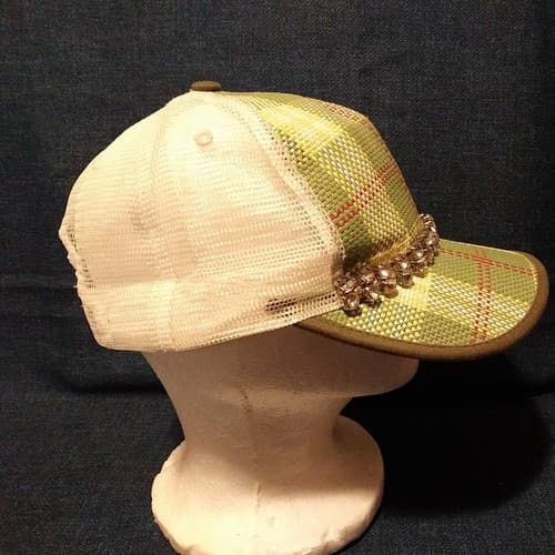 Glitzy Bella Plaid Trucker Hat Rhinestone Snapback Green White Cap - Thumbnail 2
