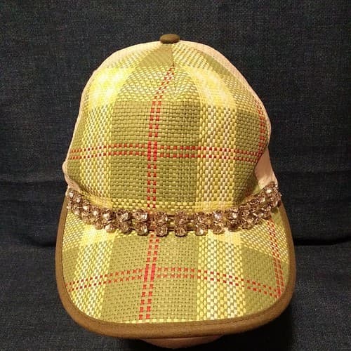 Glitzy Bella Plaid Trucker Hat Rhinestone Snapback Green White Cap - Image 1