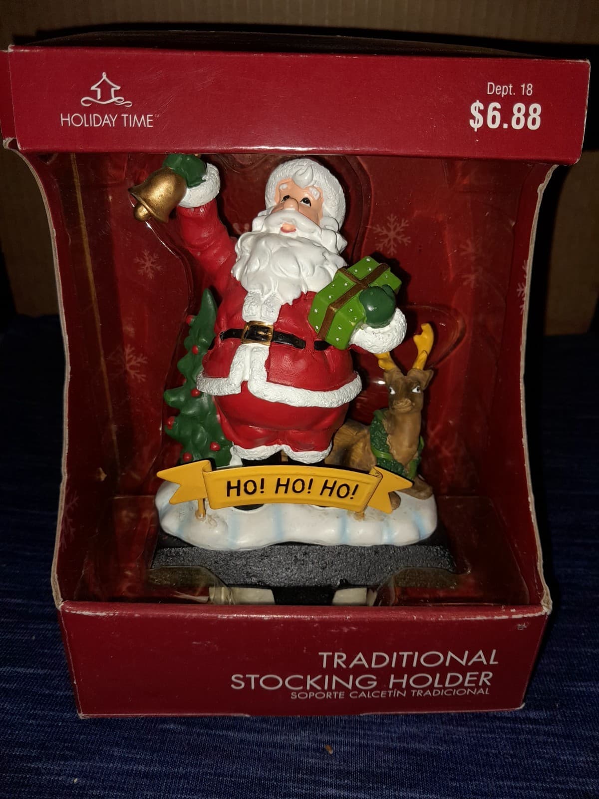 Vtg Holiday Time Stocking Hanger Santa Claus w Christmas Banner "Ho! Ho! Ho!" - Image 1